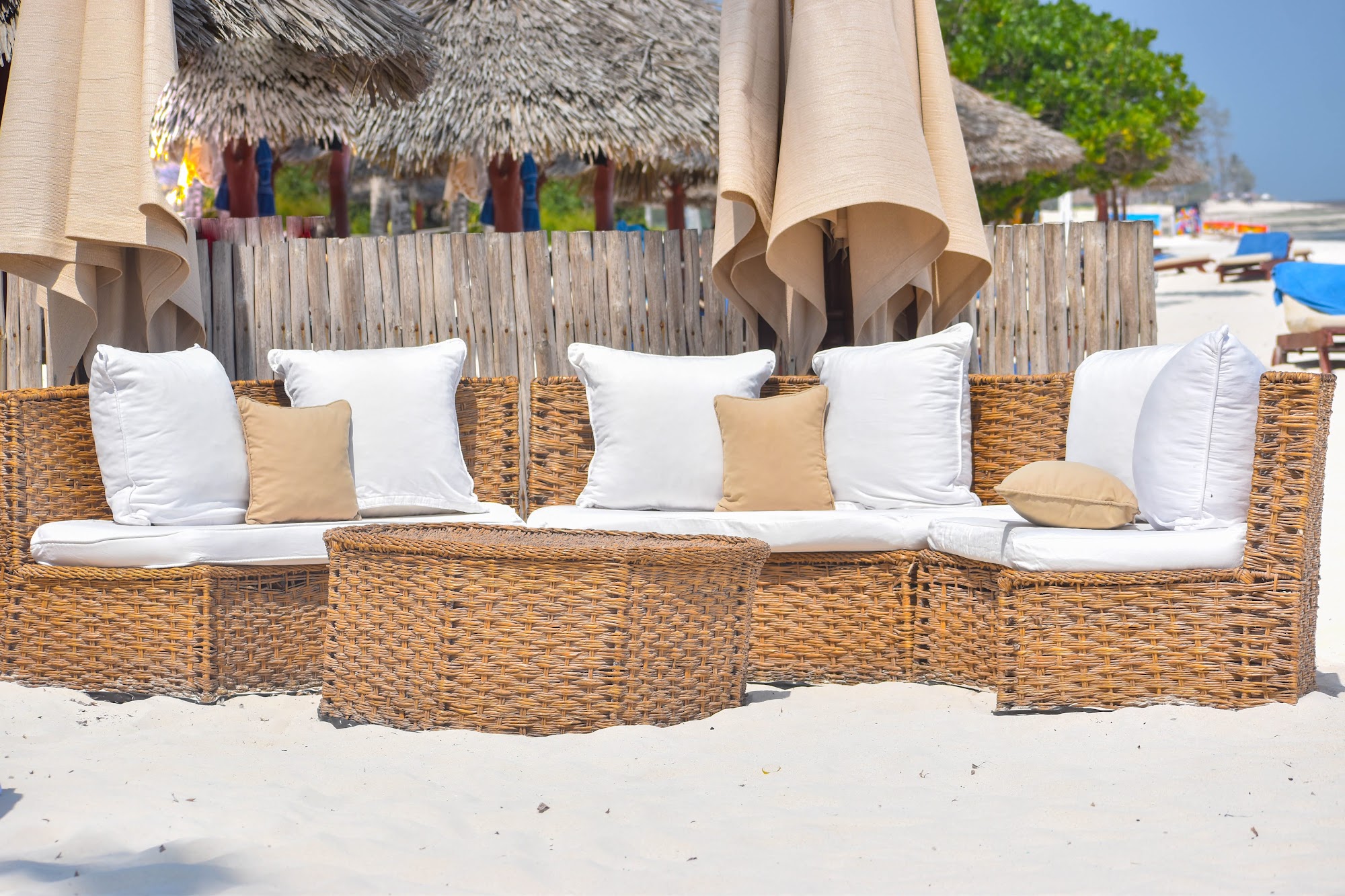 Beach wedding lounge seating setup in Kenya